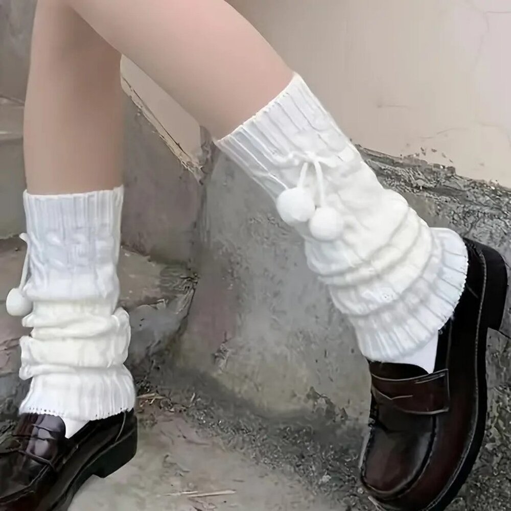 NEW White Cable Knit Pompom Leg Warmers